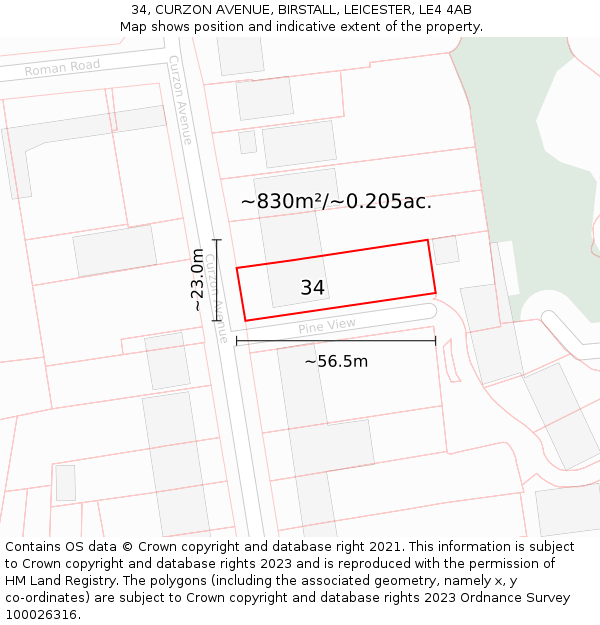 34, CURZON AVENUE, BIRSTALL, LEICESTER, LE4 4AB: Plot and title map