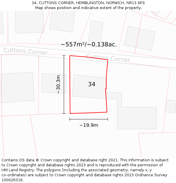 34, CUTTONS CORNER, HEMBLINGTON, NORWICH, NR13 4PS: Plot and title map