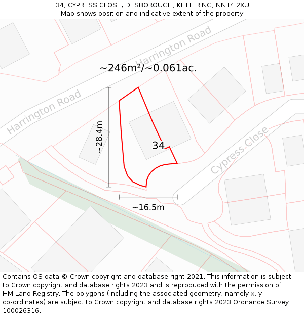 34, CYPRESS CLOSE, DESBOROUGH, KETTERING, NN14 2XU: Plot and title map