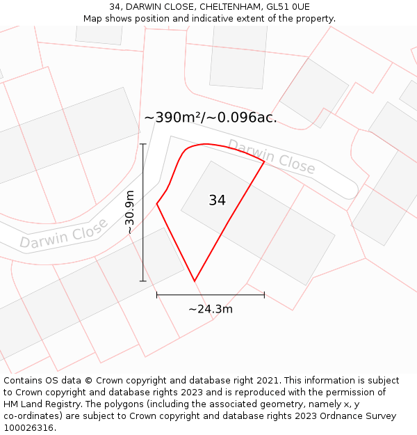 34, DARWIN CLOSE, CHELTENHAM, GL51 0UE: Plot and title map