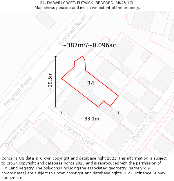 34, DARWIN CROFT, FLITWICK, BEDFORD, MK45 1GL: Plot and title map