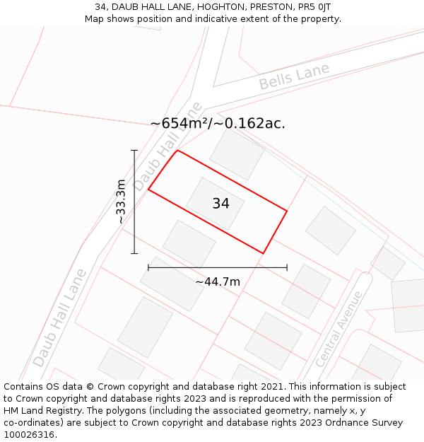 34, DAUB HALL LANE, HOGHTON, PRESTON, PR5 0JT: Plot and title map