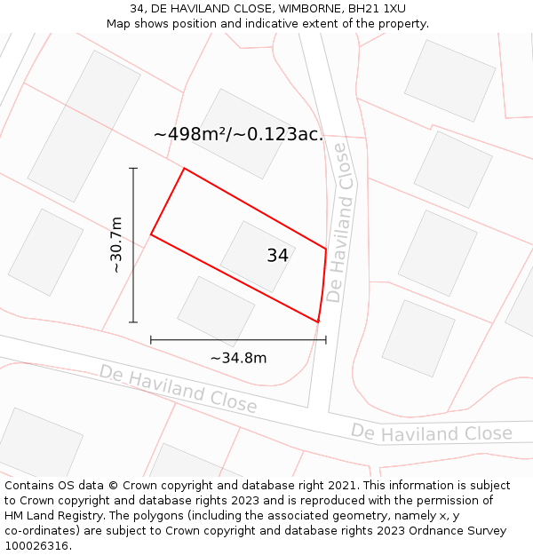 34, DE HAVILAND CLOSE, WIMBORNE, BH21 1XU: Plot and title map