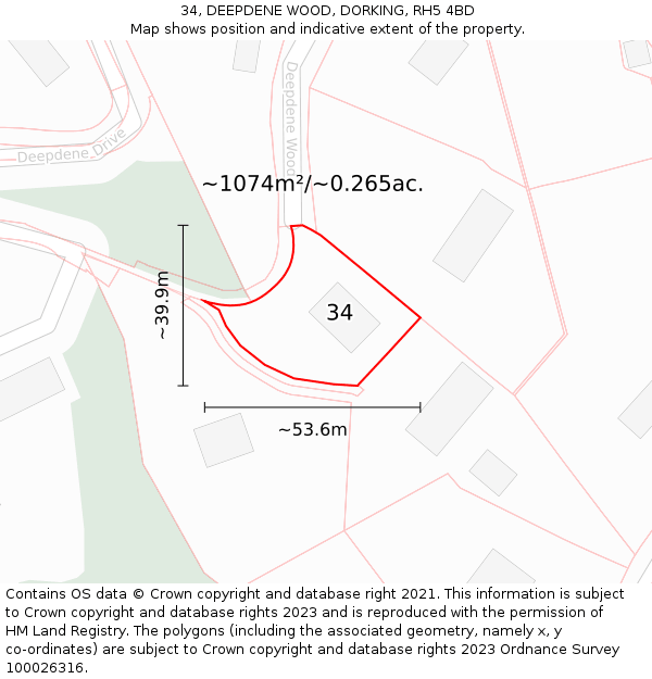34, DEEPDENE WOOD, DORKING, RH5 4BD: Plot and title map