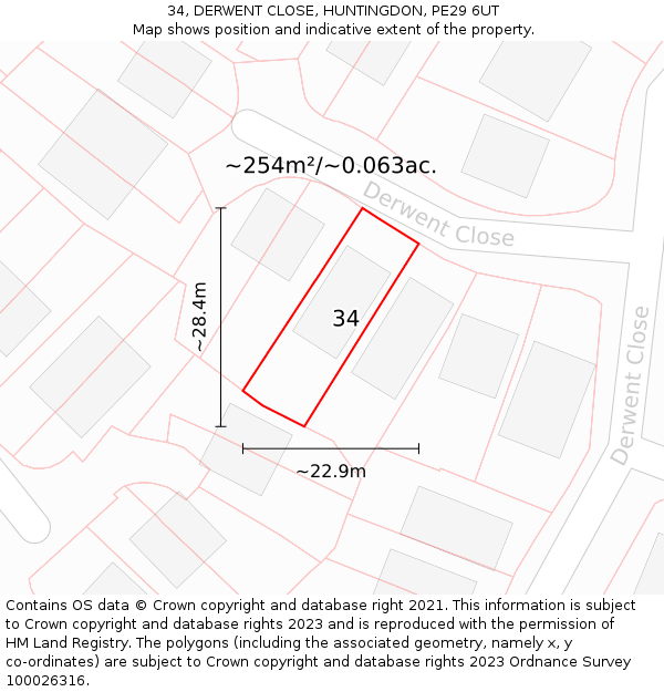 34, DERWENT CLOSE, HUNTINGDON, PE29 6UT: Plot and title map