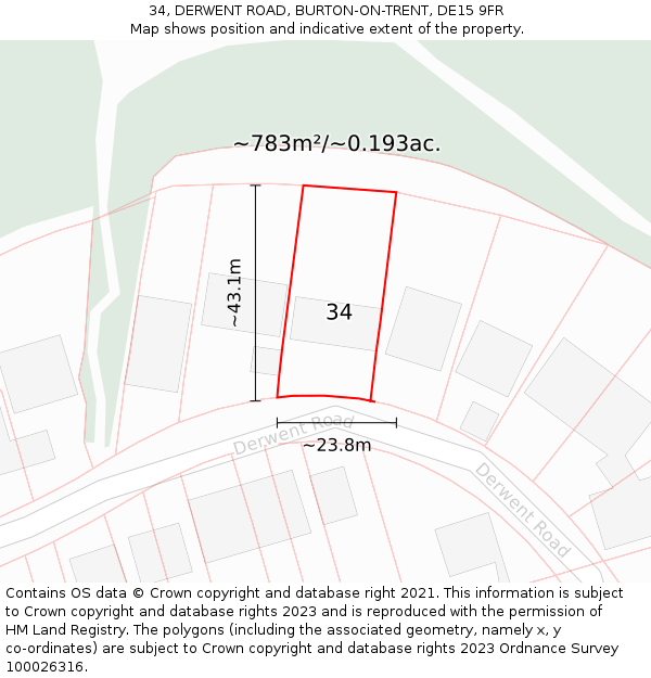 34, DERWENT ROAD, BURTON-ON-TRENT, DE15 9FR: Plot and title map