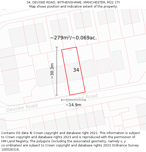 34, DEVOKE ROAD, WYTHENSHAWE, MANCHESTER, M22 1TY: Plot and title map