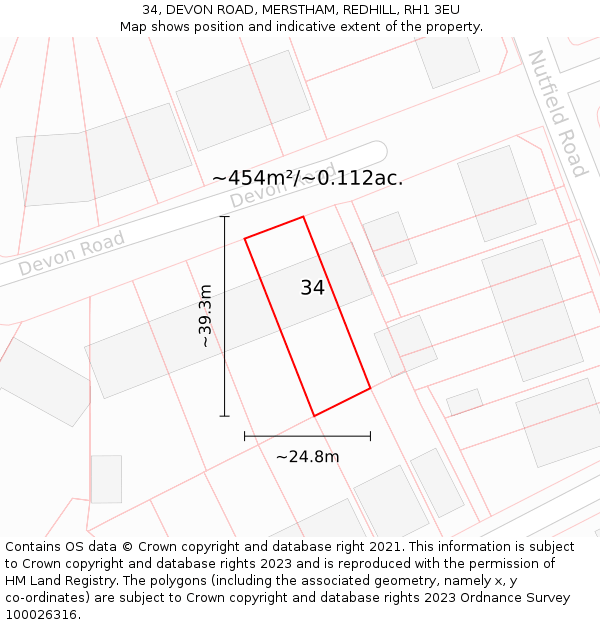 34, DEVON ROAD, MERSTHAM, REDHILL, RH1 3EU: Plot and title map