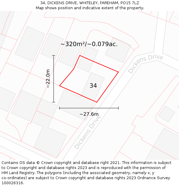 34, DICKENS DRIVE, WHITELEY, FAREHAM, PO15 7LZ: Plot and title map
