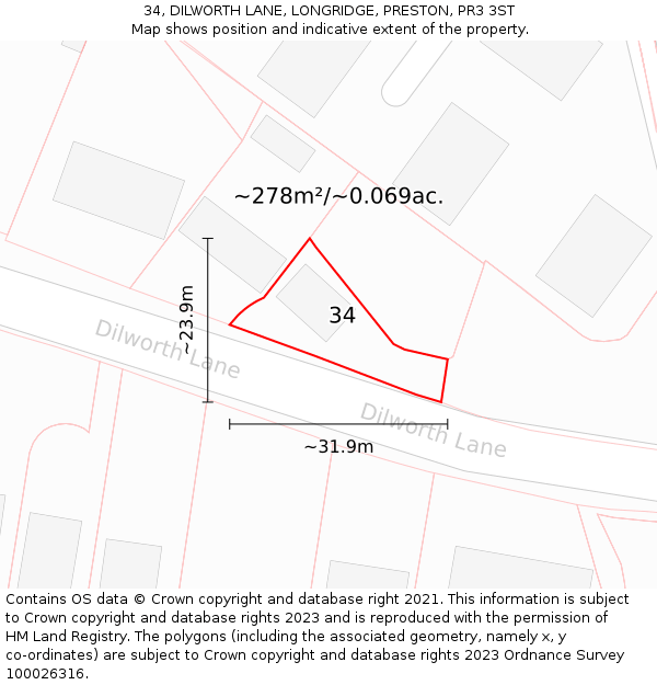 34, DILWORTH LANE, LONGRIDGE, PRESTON, PR3 3ST: Plot and title map