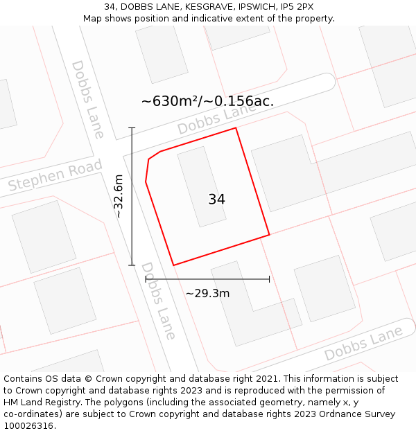 34, DOBBS LANE, KESGRAVE, IPSWICH, IP5 2PX: Plot and title map