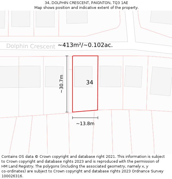 34, DOLPHIN CRESCENT, PAIGNTON, TQ3 1AE: Plot and title map
