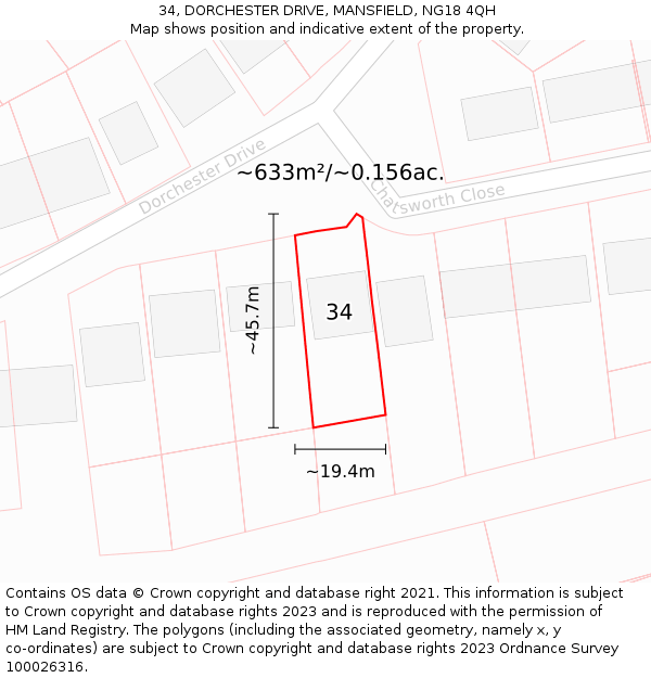 34, DORCHESTER DRIVE, MANSFIELD, NG18 4QH: Plot and title map