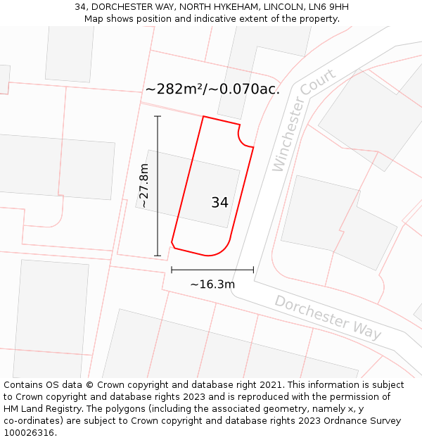 34, DORCHESTER WAY, NORTH HYKEHAM, LINCOLN, LN6 9HH: Plot and title map
