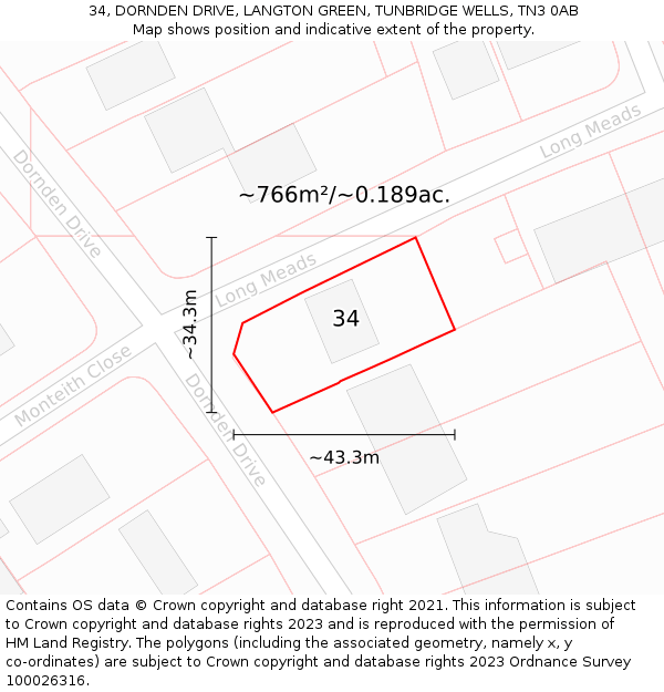 34, DORNDEN DRIVE, LANGTON GREEN, TUNBRIDGE WELLS, TN3 0AB: Plot and title map
