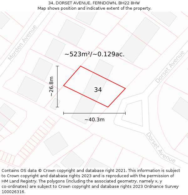 34, DORSET AVENUE, FERNDOWN, BH22 8HW: Plot and title map