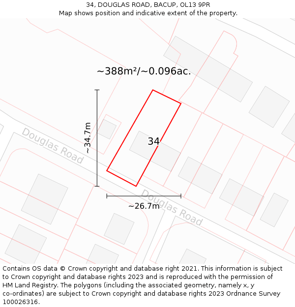 34, DOUGLAS ROAD, BACUP, OL13 9PR: Plot and title map
