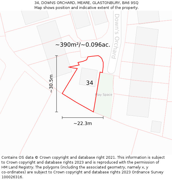 34, DOWNS ORCHARD, MEARE, GLASTONBURY, BA6 9SQ: Plot and title map