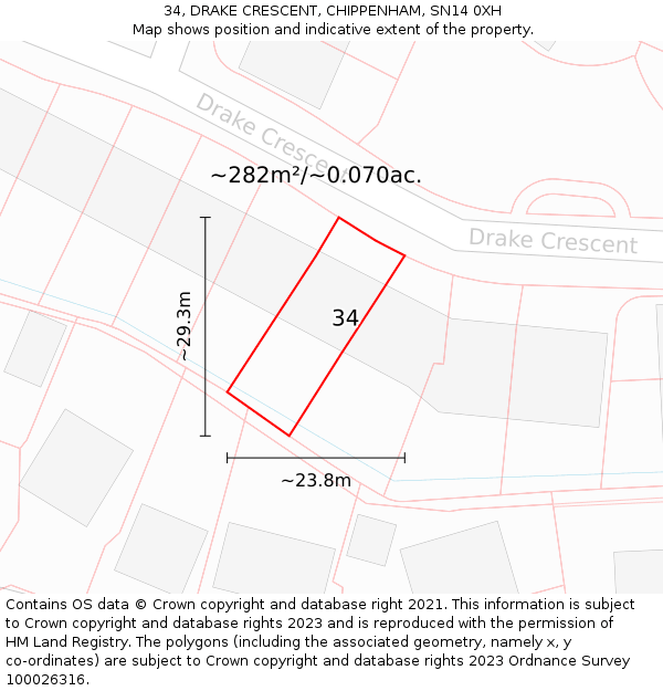 34, DRAKE CRESCENT, CHIPPENHAM, SN14 0XH: Plot and title map