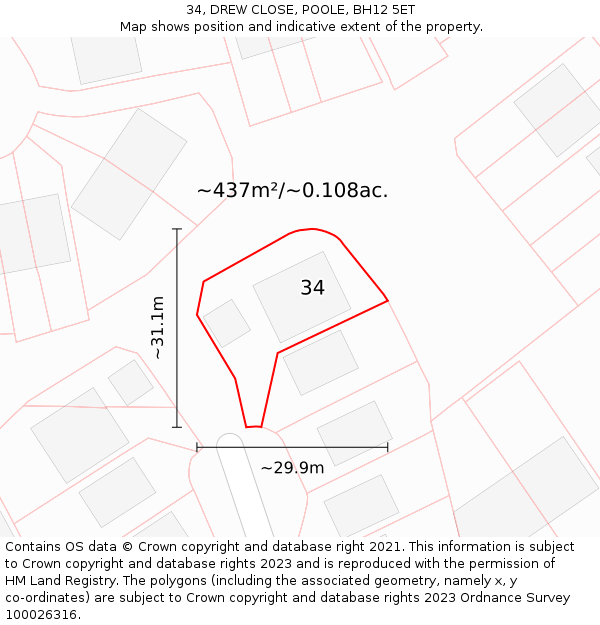 34, DREW CLOSE, POOLE, BH12 5ET: Plot and title map