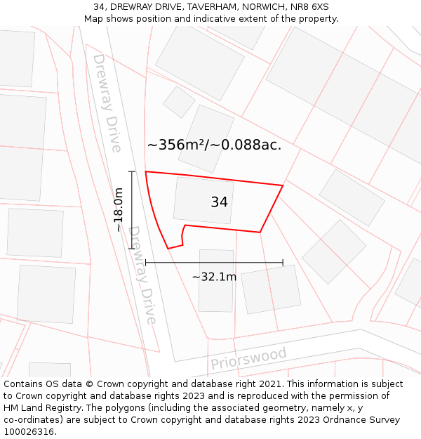 34, DREWRAY DRIVE, TAVERHAM, NORWICH, NR8 6XS: Plot and title map