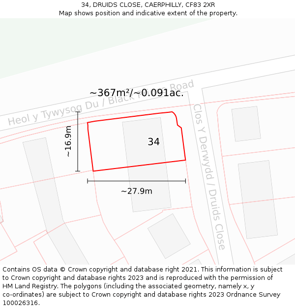 34, DRUIDS CLOSE, CAERPHILLY, CF83 2XR: Plot and title map