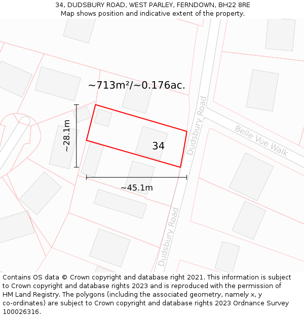 34, DUDSBURY ROAD, WEST PARLEY, FERNDOWN, BH22 8RE: Plot and title map