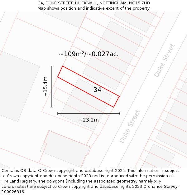 34, DUKE STREET, HUCKNALL, NOTTINGHAM, NG15 7HB: Plot and title map