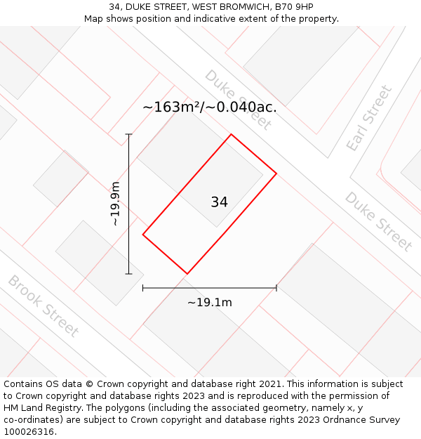34, DUKE STREET, WEST BROMWICH, B70 9HP: Plot and title map