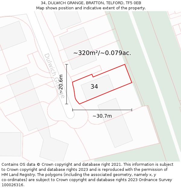 34, DULWICH GRANGE, BRATTON, TELFORD, TF5 0EB: Plot and title map