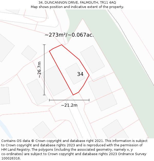 34, DUNCANNON DRIVE, FALMOUTH, TR11 4AQ: Plot and title map
