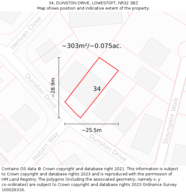 34, DUNSTON DRIVE, LOWESTOFT, NR32 3BZ: Plot and title map