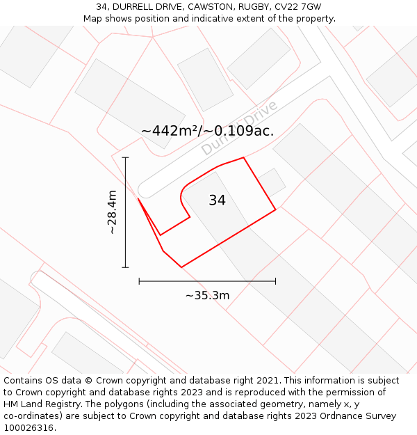 34, DURRELL DRIVE, CAWSTON, RUGBY, CV22 7GW: Plot and title map