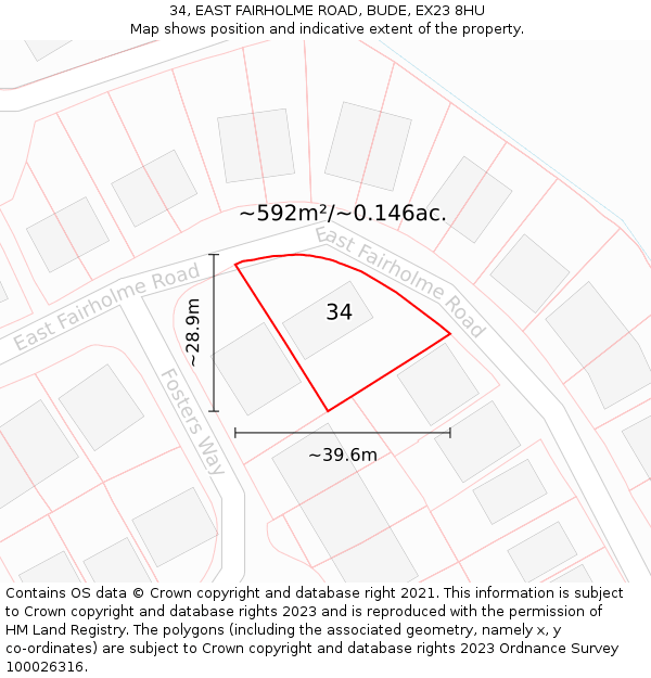 34, EAST FAIRHOLME ROAD, BUDE, EX23 8HU: Plot and title map