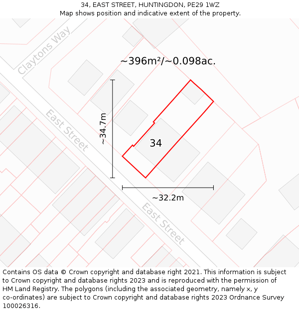 34, EAST STREET, HUNTINGDON, PE29 1WZ: Plot and title map