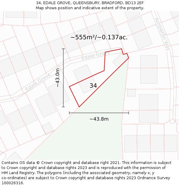 34, EDALE GROVE, QUEENSBURY, BRADFORD, BD13 2EF: Plot and title map