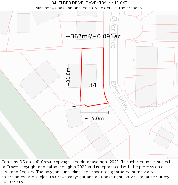 34, ELDER DRIVE, DAVENTRY, NN11 0XE: Plot and title map