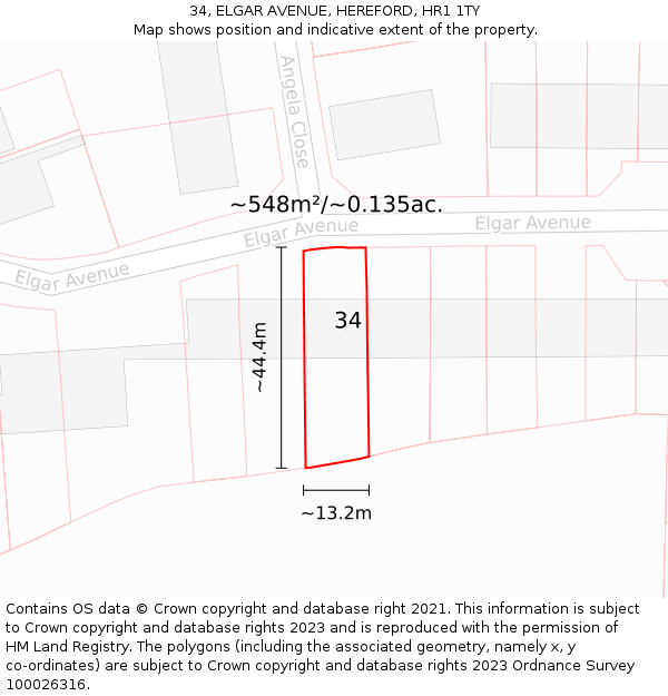 34, ELGAR AVENUE, HEREFORD, HR1 1TY: Plot and title map