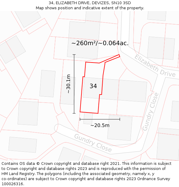 34, ELIZABETH DRIVE, DEVIZES, SN10 3SD: Plot and title map