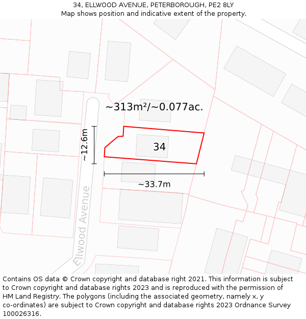 34, ELLWOOD AVENUE, PETERBOROUGH, PE2 8LY: Plot and title map