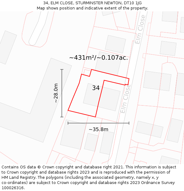 34, ELM CLOSE, STURMINSTER NEWTON, DT10 1JG: Plot and title map