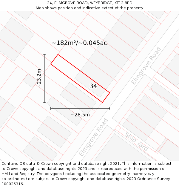 34, ELMGROVE ROAD, WEYBRIDGE, KT13 8PD: Plot and title map