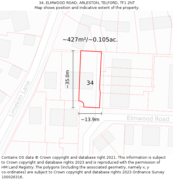 34, ELMWOOD ROAD, ARLESTON, TELFORD, TF1 2NT: Plot and title map