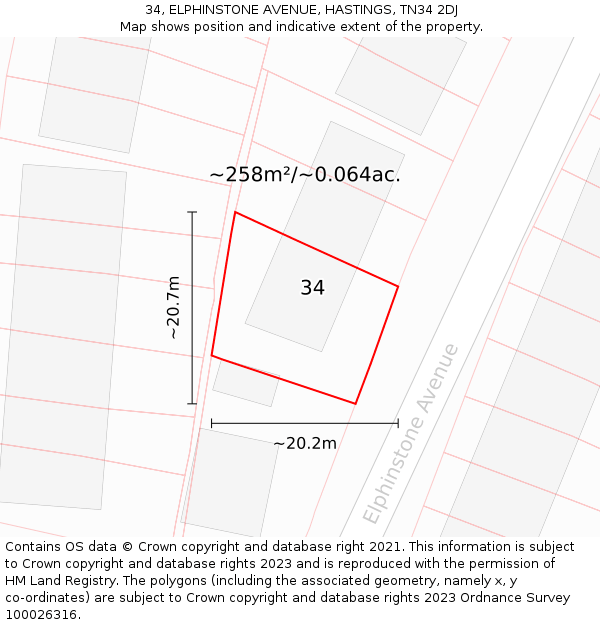 34, ELPHINSTONE AVENUE, HASTINGS, TN34 2DJ: Plot and title map