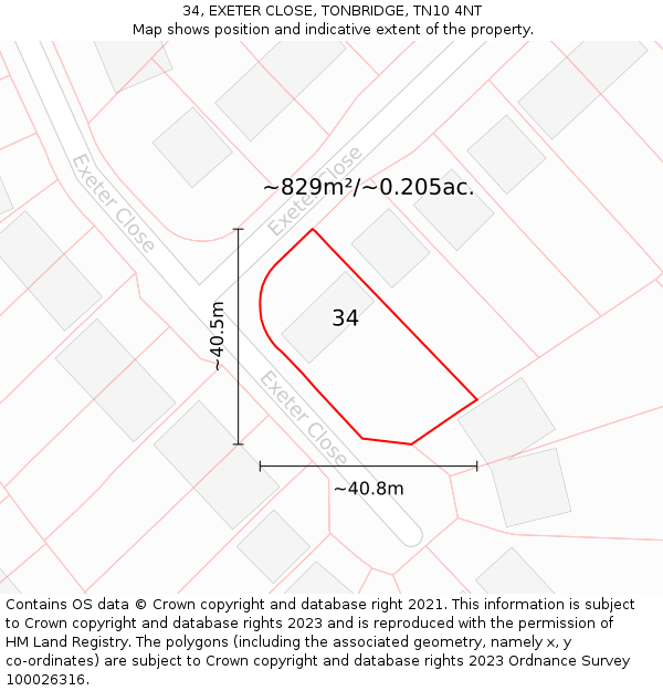 34, EXETER CLOSE, TONBRIDGE, TN10 4NT: Plot and title map