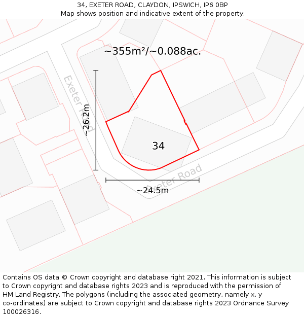 34, EXETER ROAD, CLAYDON, IPSWICH, IP6 0BP: Plot and title map