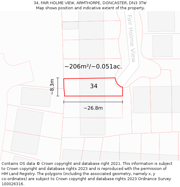 34, FAIR HOLME VIEW, ARMTHORPE, DONCASTER, DN3 3TW: Plot and title map
