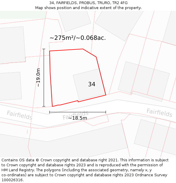 34, FAIRFIELDS, PROBUS, TRURO, TR2 4FG: Plot and title map