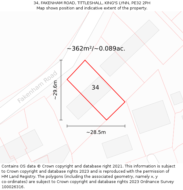 34, FAKENHAM ROAD, TITTLESHALL, KING'S LYNN, PE32 2PH: Plot and title map