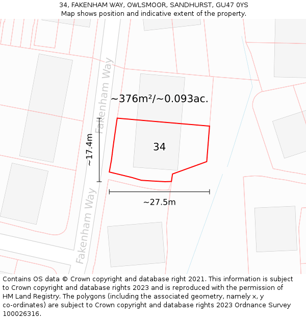 34, FAKENHAM WAY, OWLSMOOR, SANDHURST, GU47 0YS: Plot and title map